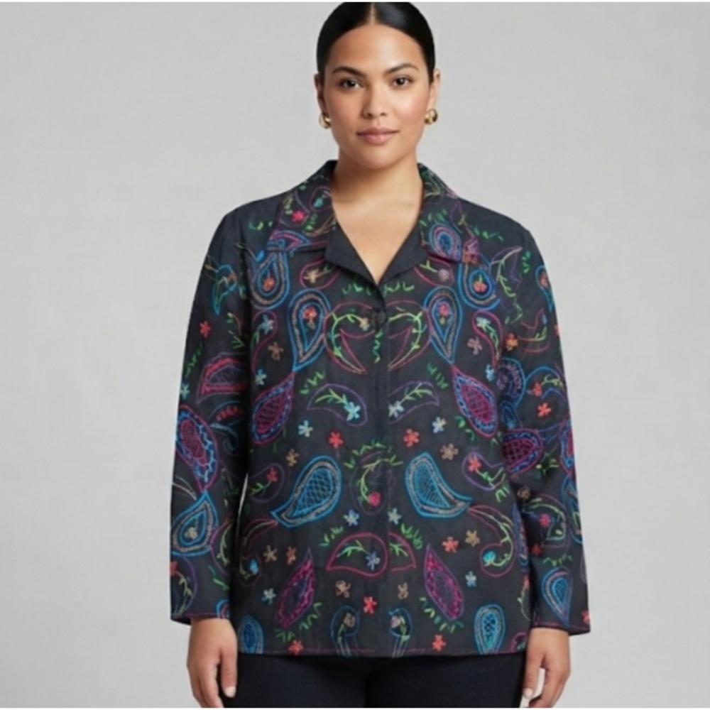 Units Petite Black Linen Blend Paisley Embroidered Button Jacket Womens PXL